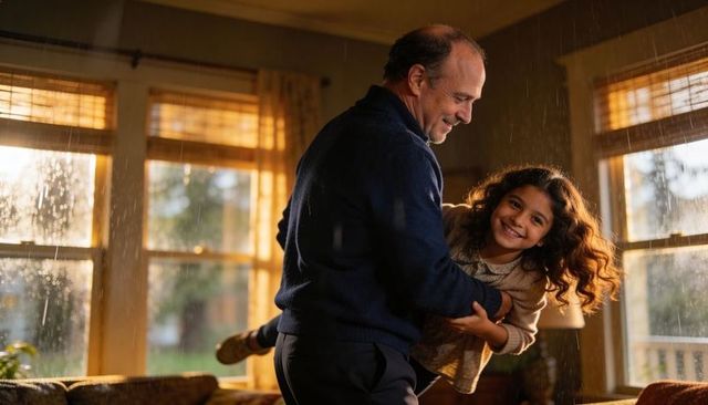 Father playfully swinging daughter in cozy sunlit living room during rainy afternoon bonding