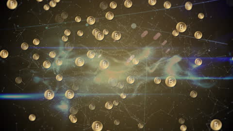 Bitcoins Floating in Digital Network on Abstract Background