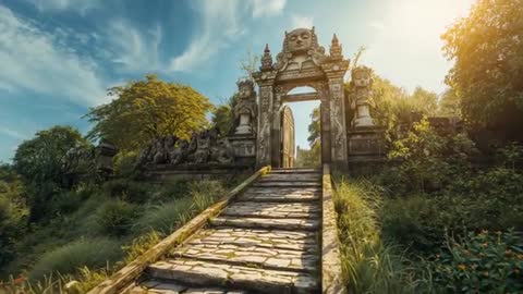 Operator pushing dolly up stone steps toward ornate carved archway with guardian statues and sunligh