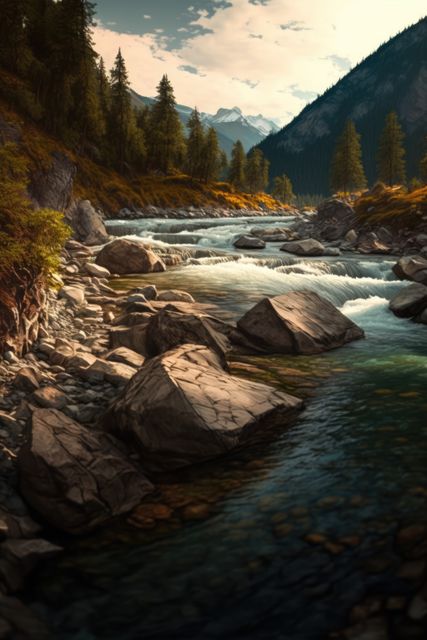 Beautiful landscape of river creek with rocks and mountains, created using generative ai technology - Download Free Stock Photos Pikwizard.com