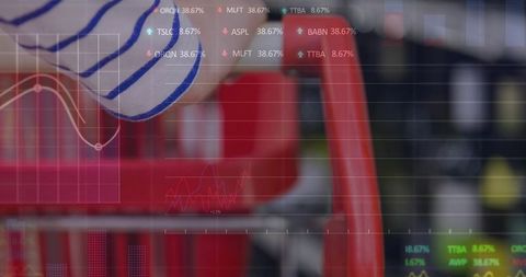 Holding shopping cart handle with digital retail analytics overlay showing market graphs