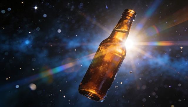 Floating amber bottle with starburst flare, rainbow streaks and cosmic bokeh