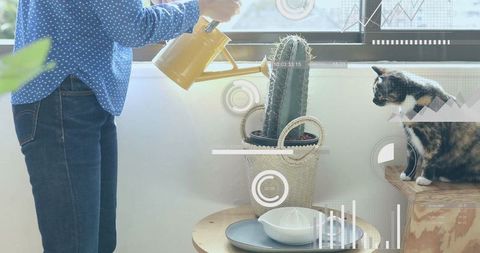 Woman Watering Cactus in Smart-Enabled Home Environment