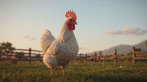 White Rooster in Scenic Countryside Pasture
