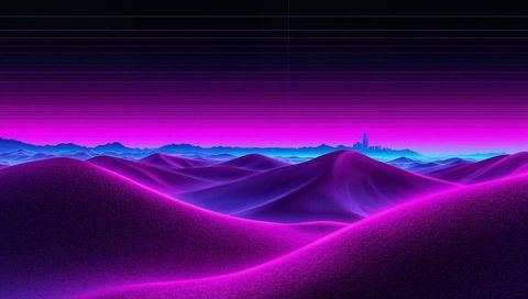 Glowing Neon Dunes Rolling Toward Futuristic City Silhouette at Horizon