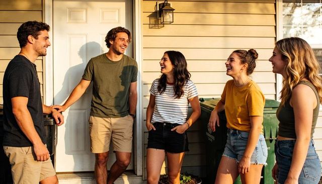 Laughing and chatting friends on sunny porch during golden hour