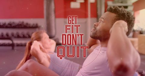 Motivational Exercise Text with Diverse Individuals Working Out in Gym