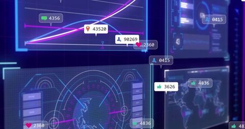 Futuristic neon dashboard displaying holographic data panels, trend graphs, social metrics