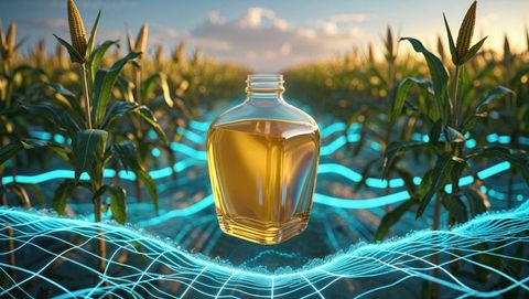 Amber corn syrup bottle floating above cornfield with digital grid