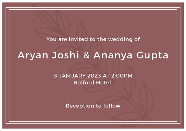 Elegant wedding invitation featuring a modern design with subtle floral accents. The details are clearly displayed with a clean and formal layout. Perfect for formal wedding announcements, bridal shower invites, and engagement parties.