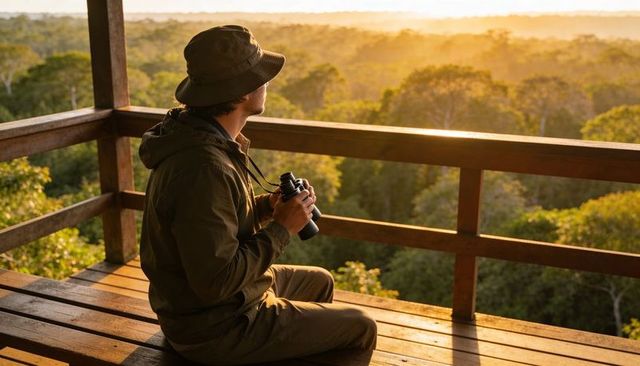 Solo naturalist scanning rainforest canopy at golden hour from wooden lookout deck with binoculars