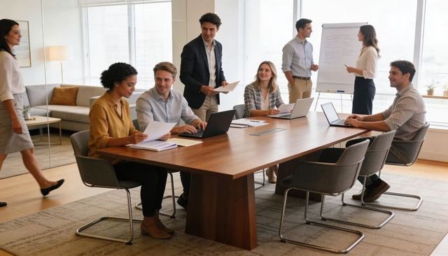 Business team collaborating around conference table with laptops, documents and flip chart