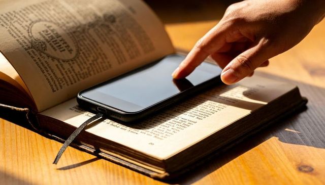 Tapping smartphone screen on vintage book in warm sunlight, finger resting on pages
