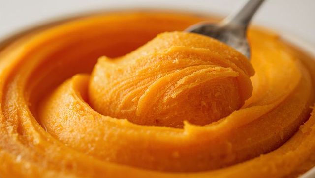 Scooping vibrant mango sorbet with spoon, creamy citrus frozen dessert closeup texture