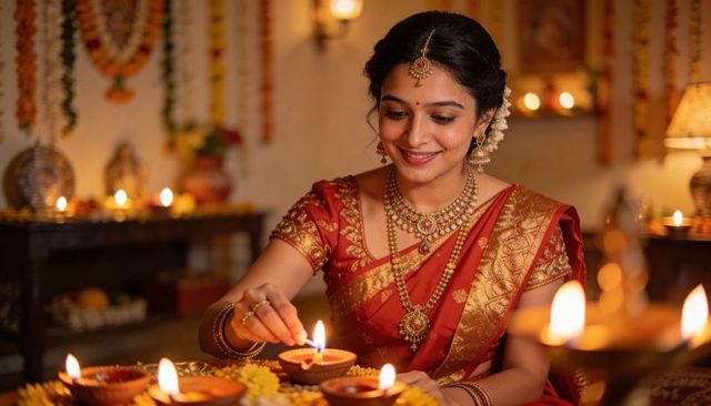 Indian woman lighting clay diya during diwali puja in red gold saree with heavy jewelry