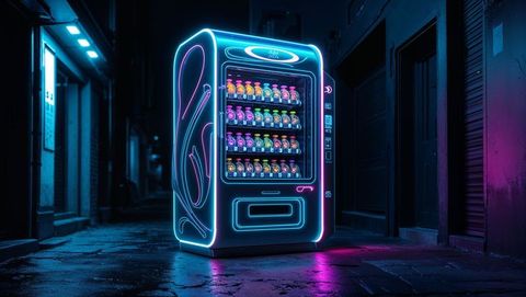 Vibrant vending machine in neon lit city alley at night
