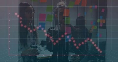 Colleagues Brainstorming with Sticky Notes and 3D Data Trend Overlay for Team Planning