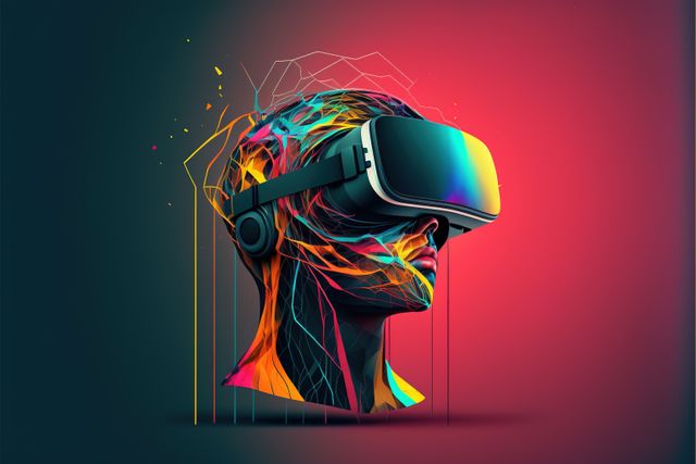 Human head of abstract colourful connections in vr headset, created using generative ai technology. Cyber technology and futuristic virtual reality headset concept digitally generated image.