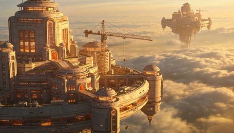 Hovering multi-tier sky metropolis undergoing maintenance with crane above cloud sea