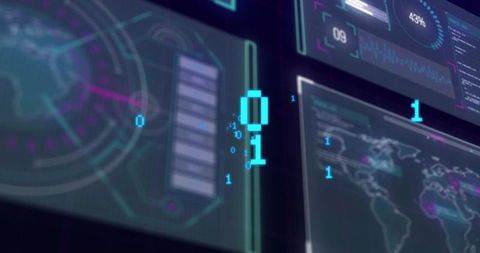 Binary digits floating over digital interface screens