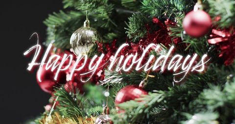 Festive Happy Holidays Text with Christmas Tree Decorations - Download Free Stock Images Pikwizard.com