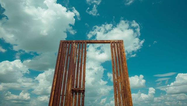 Rusted metal gate frame against vibrant sky with clouds