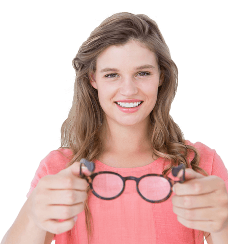 Smiling Woman Holding Black Glasses with Transparent Background