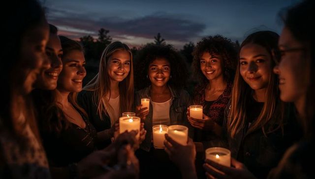 Women holding lit candles at dusk forming close friendship circle under twilight