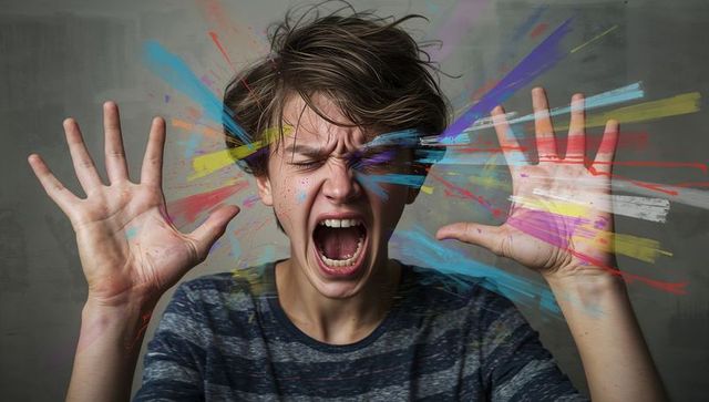Screaming teenager releasing color explosion, hands raised, paint splatter portrait