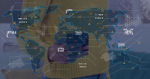 Woman holding smartphone with holographic world map HUD showing global connectivity and analytics