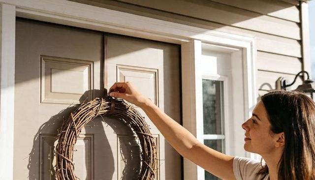 Woman hanging grapevine wreath on neutral front door in warm morning sunlight