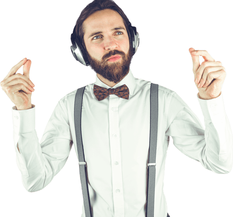 Bearded man enjoying music on headphones transparent background