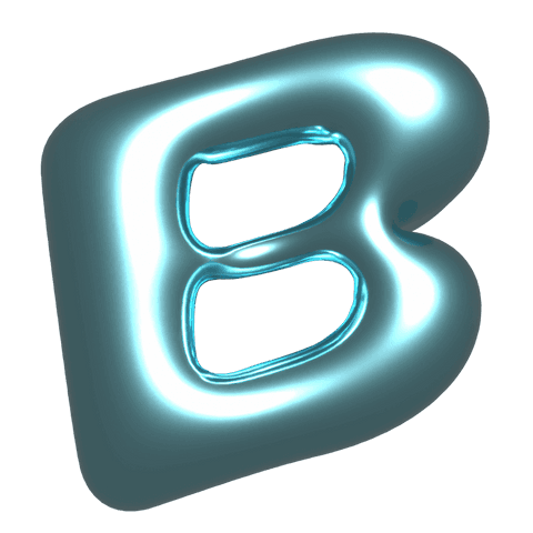 Glowing transparent cyan letter b inflated glossy 3d metallic glyph with neon rim