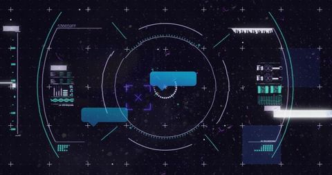 Futuristic HUD reticle featuring rotating telemetry, teal chat bubbles and glitch beam