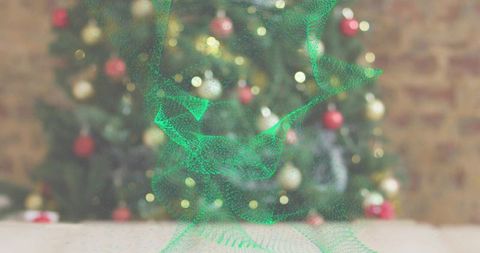 Festive living room featuring evergreen tree with glowing green particle ribbon and bokeh