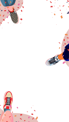 Three Pairs of Vibrant Sneakers on Confetti-Filled Transparent Background