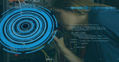 Woman Technologist Analyzing Server with Digital Interface Overlay - Download Free Stock Images Pikwizard.com