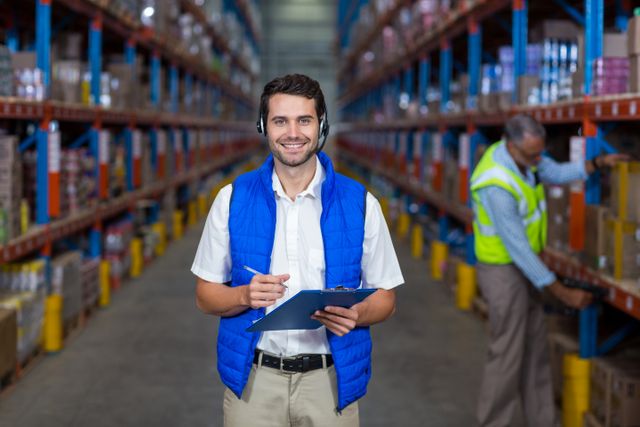Warehouse worker holding clipboard and wearing headset, standing in large distribution center with storage shelves. Ideal for illustrating logistics, inventory management, supply chain operations, and teamwork in industrial settings.