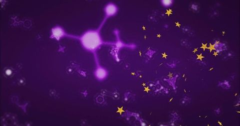 Glowing Molecular Structure with Purple and Gold Cosmic Themes