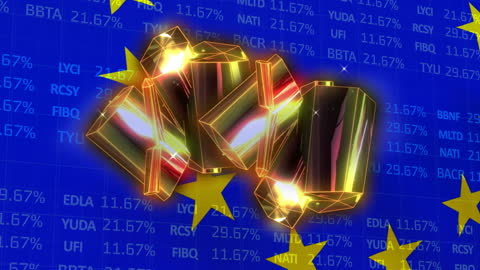Golden Crystals Over EU Flag and Stock Market Background
