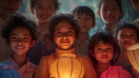 Joyful Children Illuminated by Lantern Lights