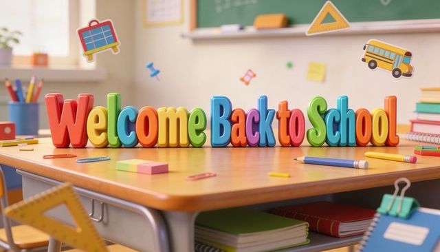 Colorful 3d letters spelling welcome back to school on classroom desk with supplies