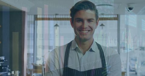 Entrepreneur Smiling Behind Digital Financial Overlay