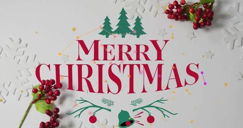 Festive Merry Christmas Greeting with Red Typography and Berry Decorations