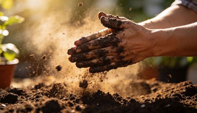 Shaping potting soil with muddy hands, backlit golden hour gardening, soil dust motion
