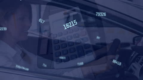 Woman Driving Car with Superimposed Financial Data and Calculator