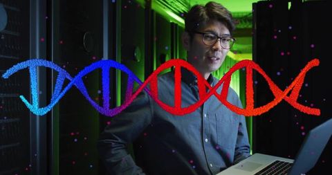 Korean bioinformatician holding laptop examining holographic dna helix in neon data center
