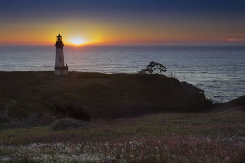 Scenic Sunset View with Lighthouse by Ocean