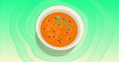 Abstract culinary art featuring minimalist soup in vibrant style