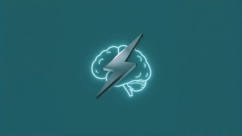 Neon Brain Icon with Metallic Lightning Bolt on Teal